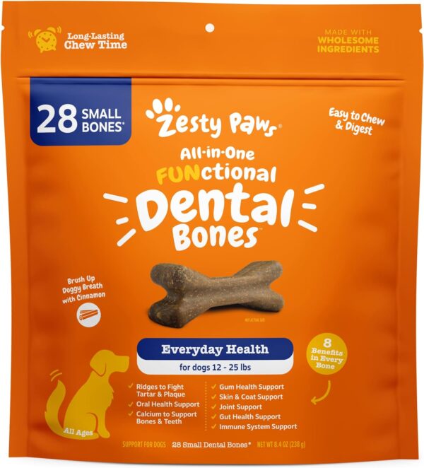 Zesty Paws Dental Bones - Fights Tartar & Plaque - Gum, Teeth & Bone Health - Cinnamon for Dog Breath - Immune, Joint, Gut, Skin & Coat Support - Omega 3 EPA & DHA and Calcium - Small Dogs - 28 ct